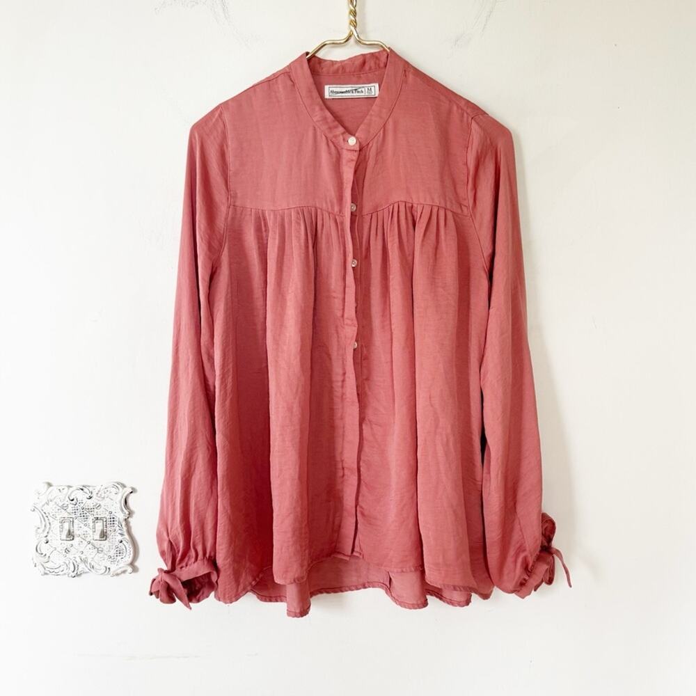 abercrombie & fitch Salmon Pink Silky Collarless Tie Sleeve Oversized Shirt M